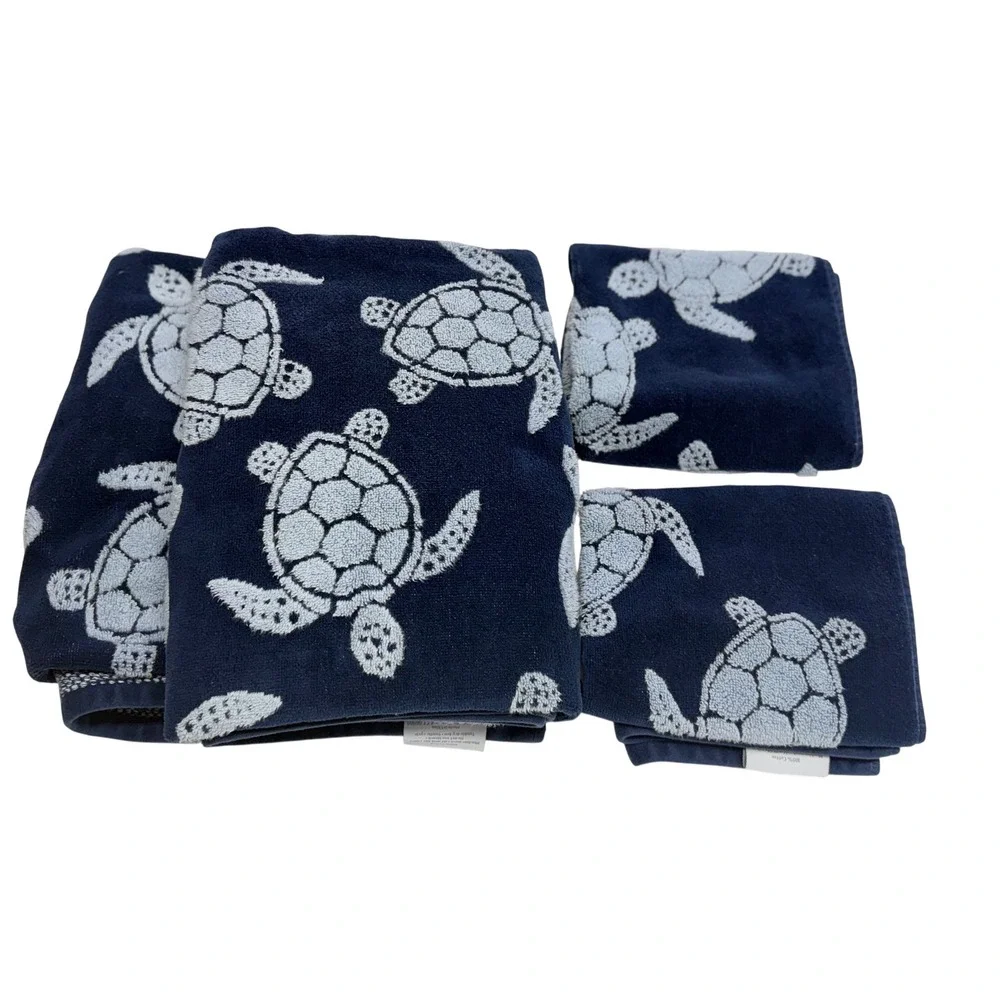 Caro Home Towel Set Navy Blue Sea Turtle Coastal Nautical Bathroom Decor 4 Piece